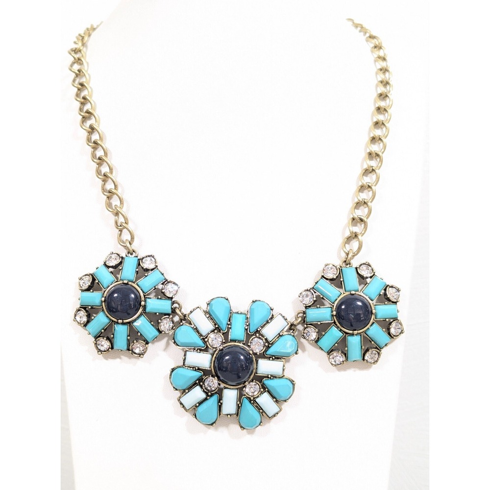 J.Crew Green Black Medallion Rhinestone Cabochon Statement Necklace 19‎ in